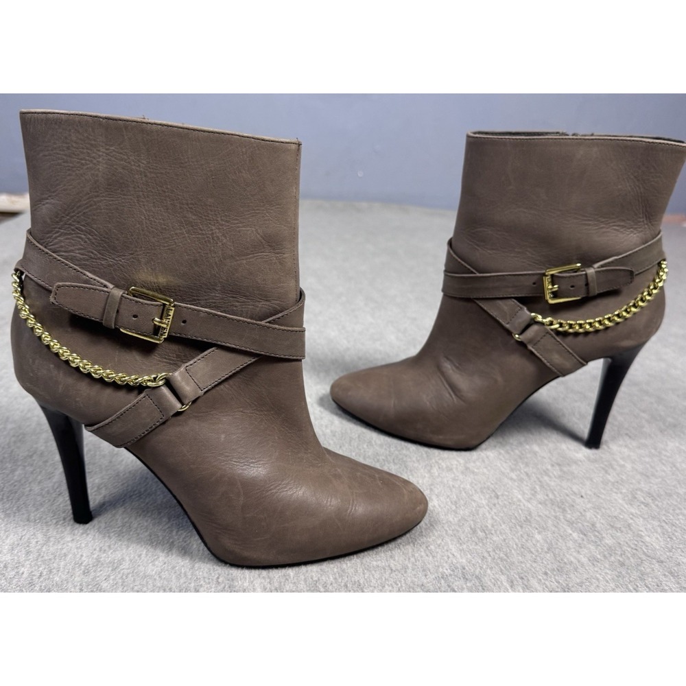 RALPH LAUREN Brown Leather Ankle Boots Gold Chain Buckle High Heel Booties W 6B
